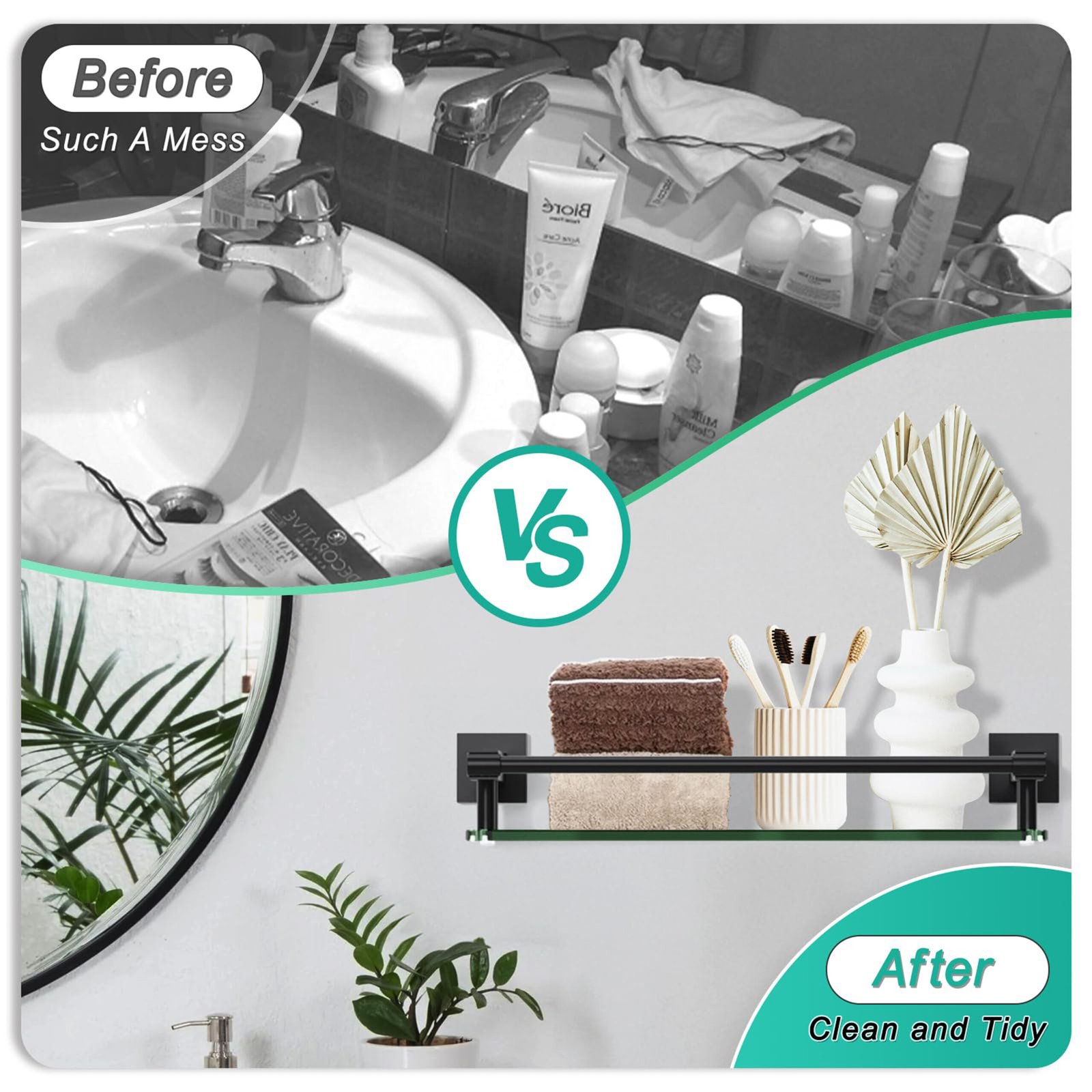 Bathroom Glass Shelf, Floating Tempered Glass Wall Shelf, Rectangle, 16‑inch with Full‑coverage Railing, Black, Modern, Wall Mounted, 2 Pack - 图片 7