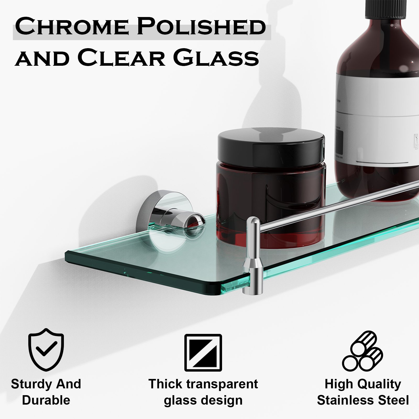 Bathroom Glass Shelf, Floating Stainless Steel Tempered Glass Wall Shelf, Rectangle, 24‑inch, Chrome Polished, Modern, Wall Mounted, 2 Pack - 图片 3