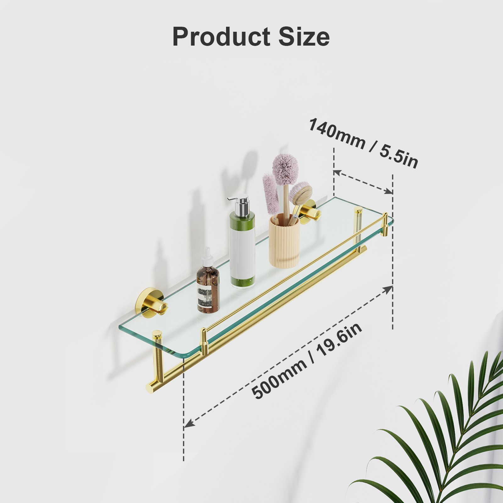 Bathroom Glass Shelf, Floating Tempered Glass Wall Shelf, Rectangle, 20‑inch with Railing, Modern, Wall Mounted, 2 Pack - 图片 2