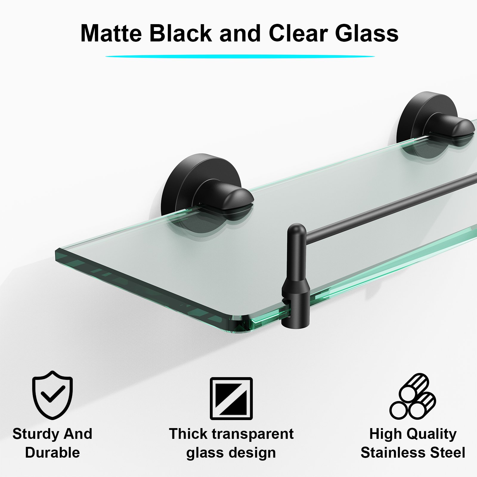 Bathroom Glass Shelf, Floating Stainless Steel Tempered Glass Wall Shelf, Rectangle, 16‑inch, Matte Black, Modern, Wall Mounted, 2 Pack - 图片 3