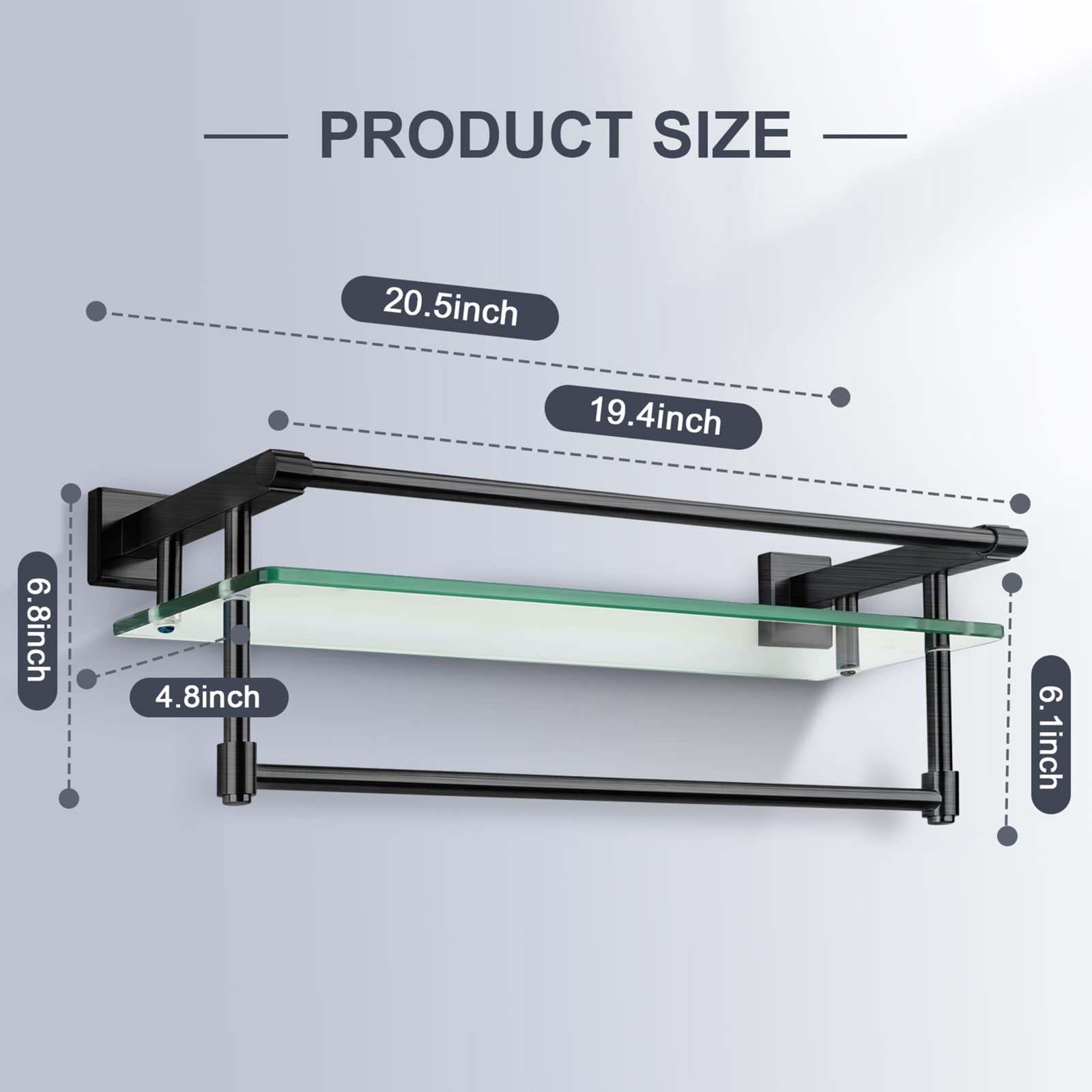 Bathroom Glass Shelf, Floating Tempered Glass Wall Shelf, Rectangle, 20‑inch with Full‑coverage Railing, Modern, Wall Mounted, 2 Pack - 图片 2