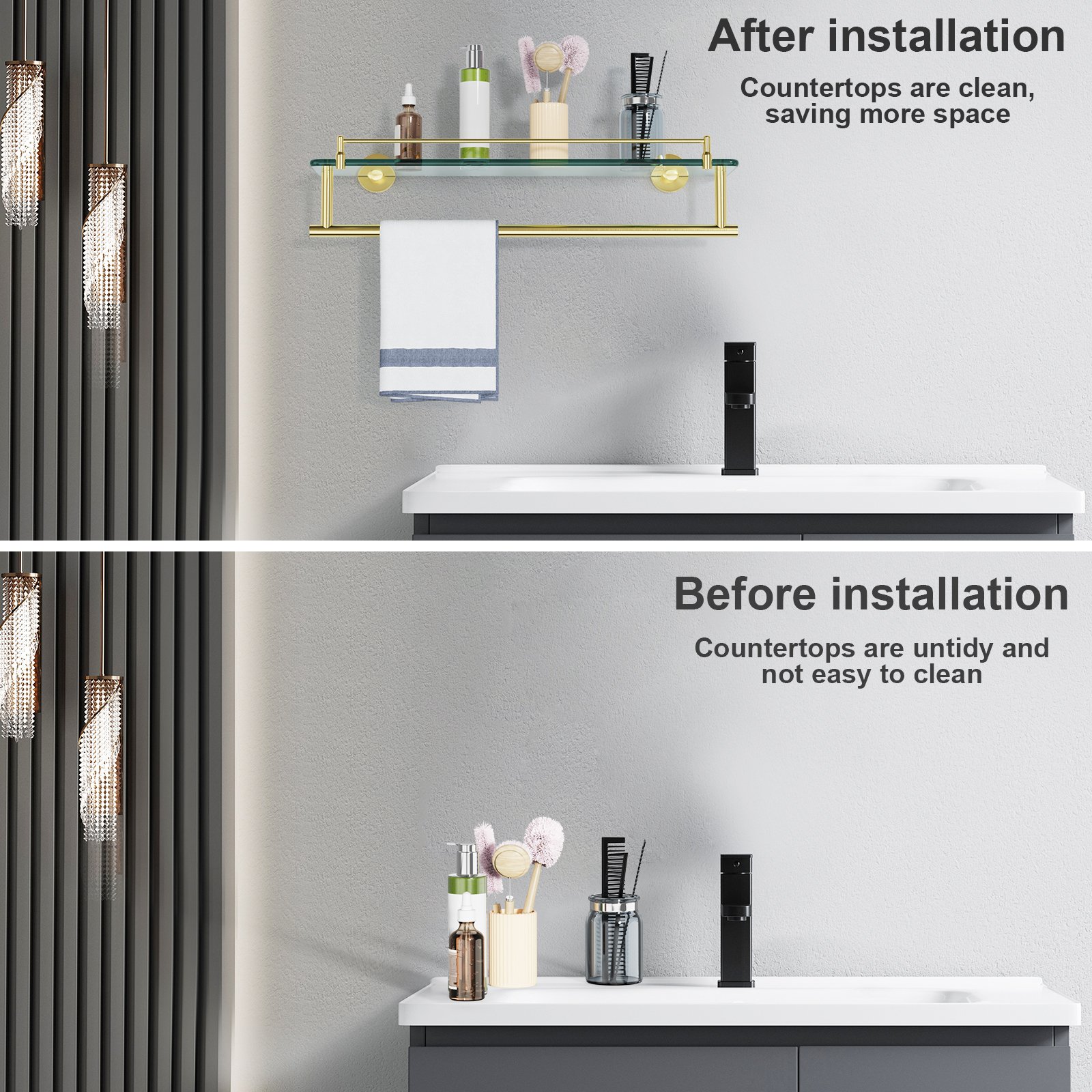 Bathroom Glass Shelf, Floating Tempered Glass Wall Shelf, Rectangle, 20‑inch with Railing, Modern, Wall Mounted, 2 Pack - 图片 3