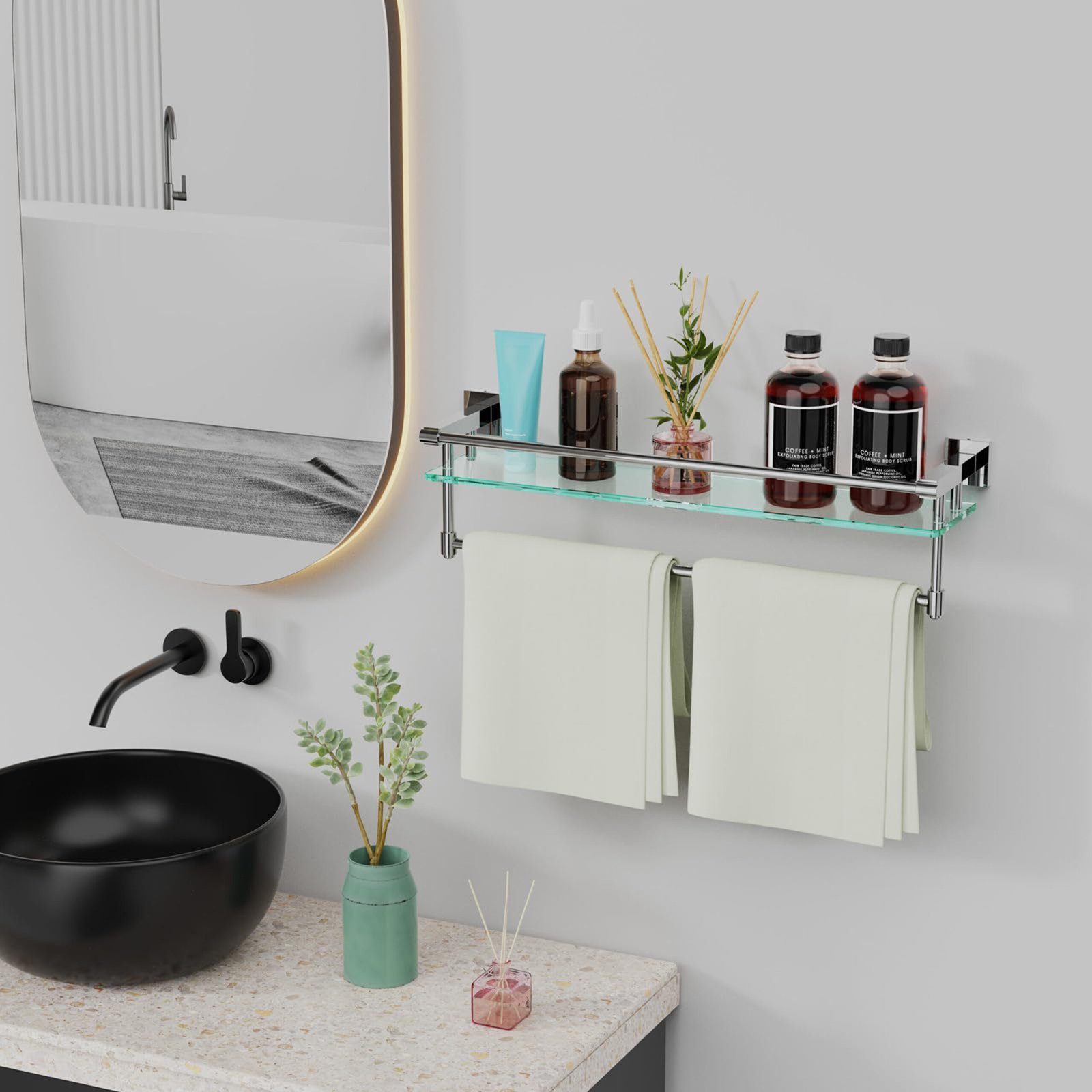 Bathroom Glass Shelf, Floating Tempered Glass Wall Shelf, Rectangle, 24‑inch with Full‑coverage Railing, Chrome Polished, Modern, Wall Mounted, 2 Pack - 图片 8