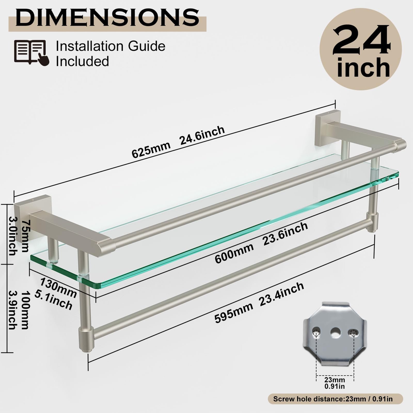 Bathroom Glass Shelf, Floating Tempered Glass Wall Shelf, Rectangle, 24‑inch with Full‑coverage Railing, Modern, Wall Mounted, 2 Pack - 图片 8