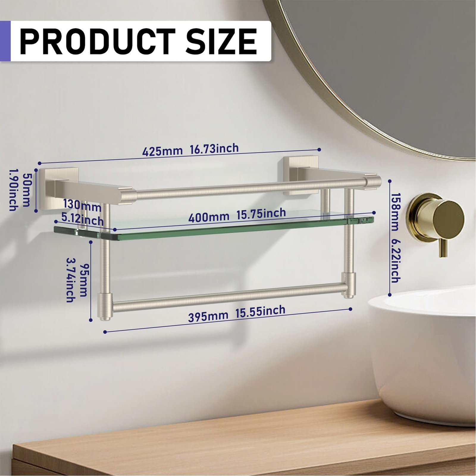 Bathroom Glass Shelf, Floating Tempered Glass Wall Shelf, Rectangle, 16‑inch with Full‑coverage Railing, Brushed Nickel, Modern, Wall Mounted, 2 Pack - 图片 8