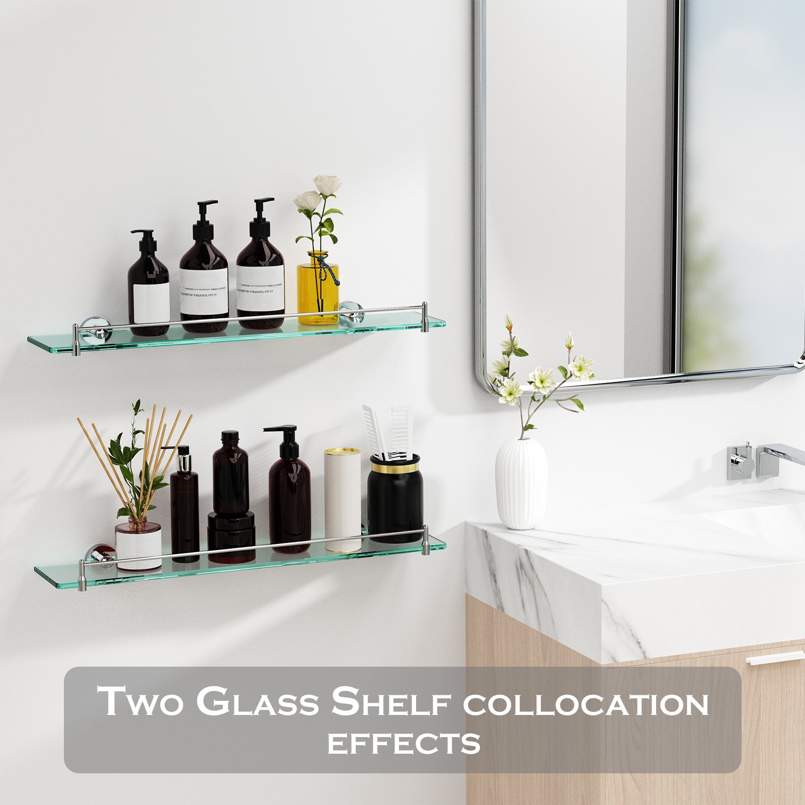 Bathroom Glass Shelf, Floating Stainless Steel Tempered Glass Wall Shelf, Rectangle, 24‑inch, Chrome Polished, Modern, Wall Mounted, 2 Pack - 图片 5