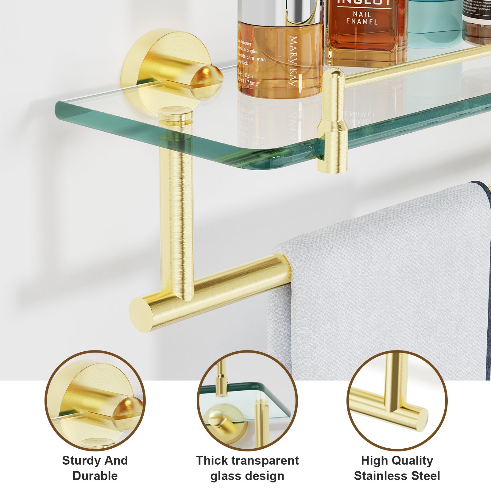 Bathroom Glass Shelf, Floating Tempered Glass Wall Shelf, Rectangle, 20‑inch with Railing, Modern, Wall Mounted, 2 Pack - 图片 4