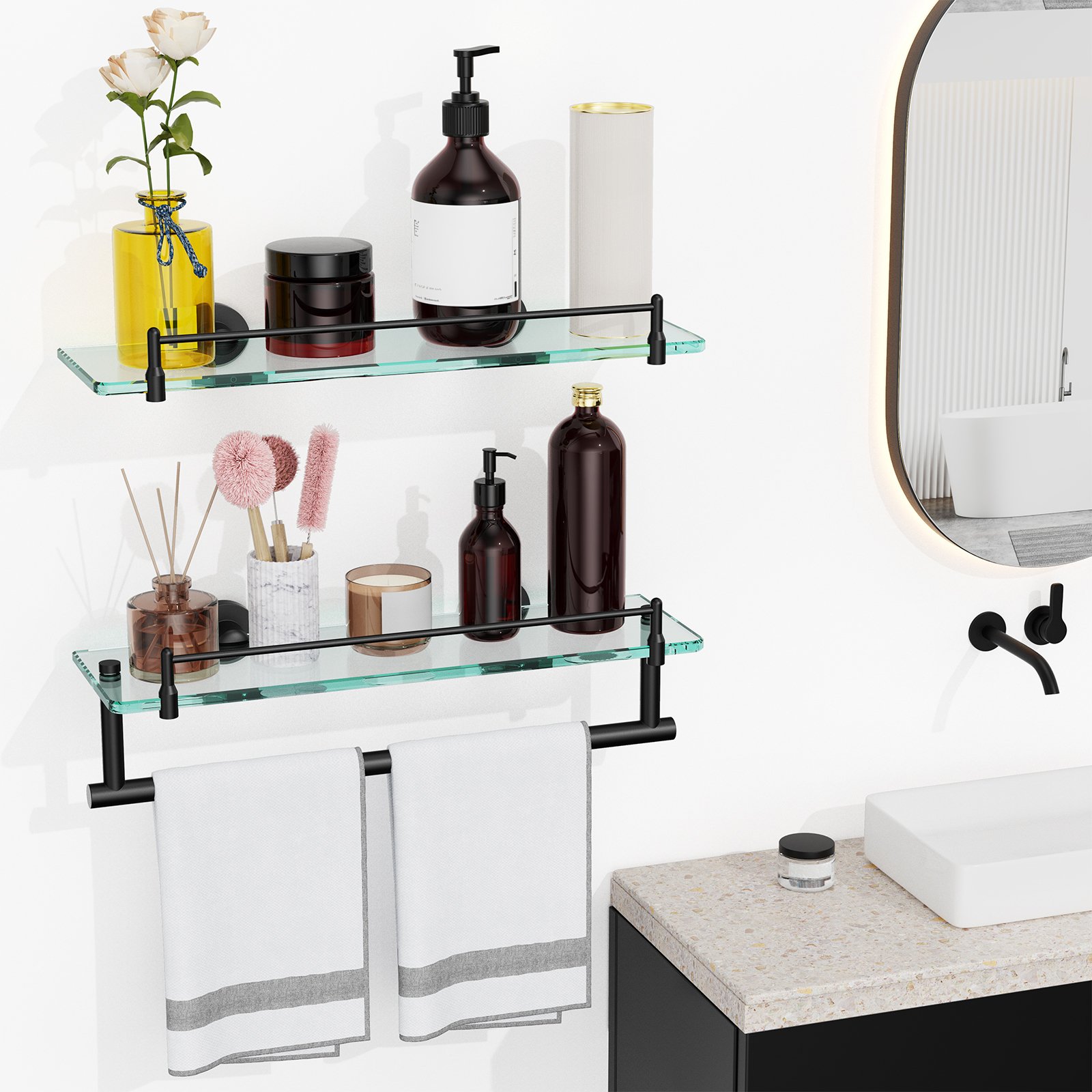 Bathroom Glass Shelf, Floating Stainless Steel Tempered Glass Wall Shelf, Rectangle, 16‑inch, Matte Black, Modern, Wall Mounted, 2 Pack - 图片 5