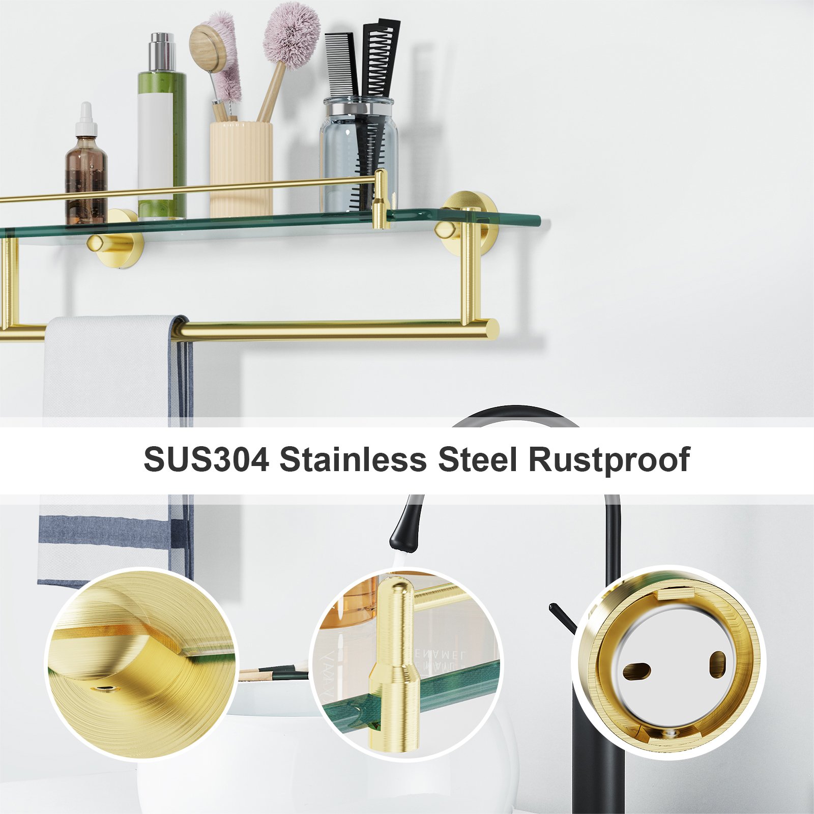Bathroom Glass Shelf, Floating Tempered Glass Wall Shelf, Rectangle, 20‑inch with Railing, Modern, Wall Mounted, 2 Pack - 图片 5
