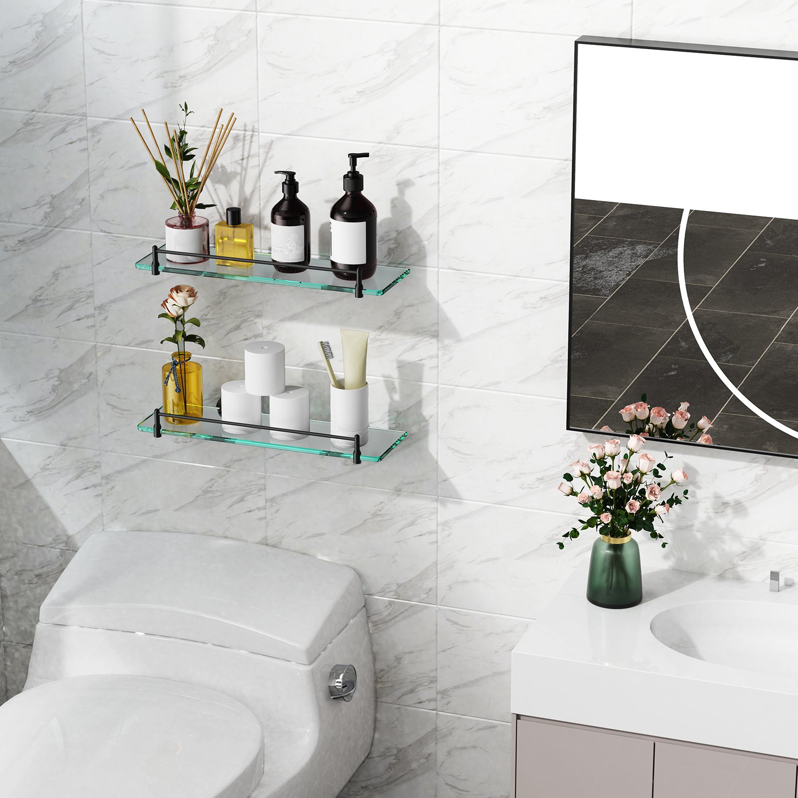 Bathroom Glass Shelf, Floating Stainless Steel Tempered Glass Wall Shelf, Rectangle, 16‑inch, Matte Black, Modern, Wall Mounted, 2 Pack - 图片 6