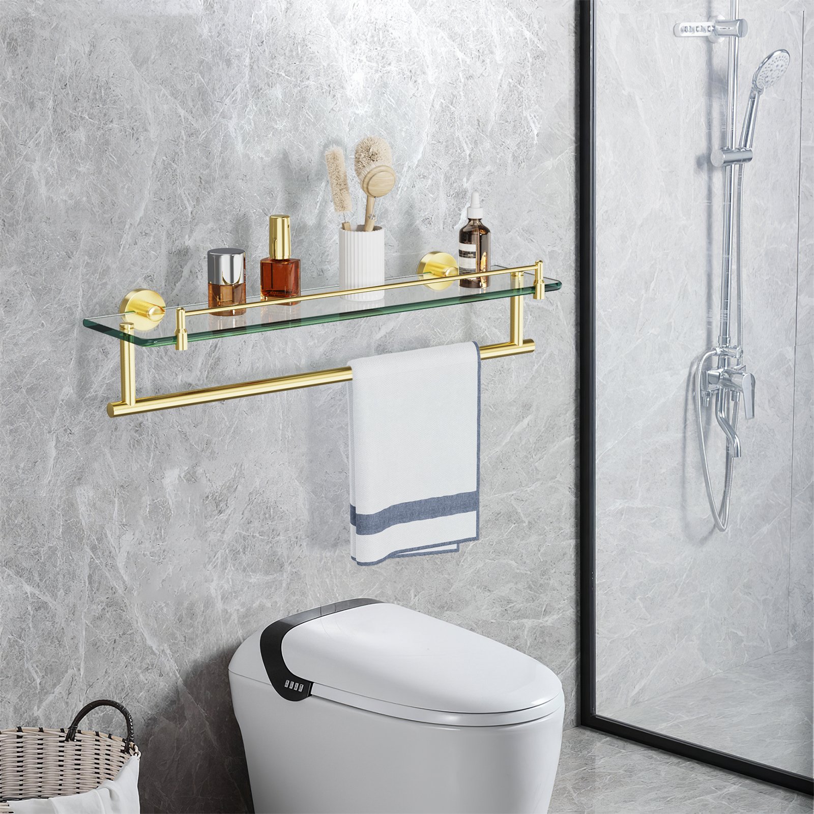 Bathroom Glass Shelf, Floating Tempered Glass Wall Shelf, Rectangle, 20‑inch with Railing, Modern, Wall Mounted, 2 Pack - 图片 6
