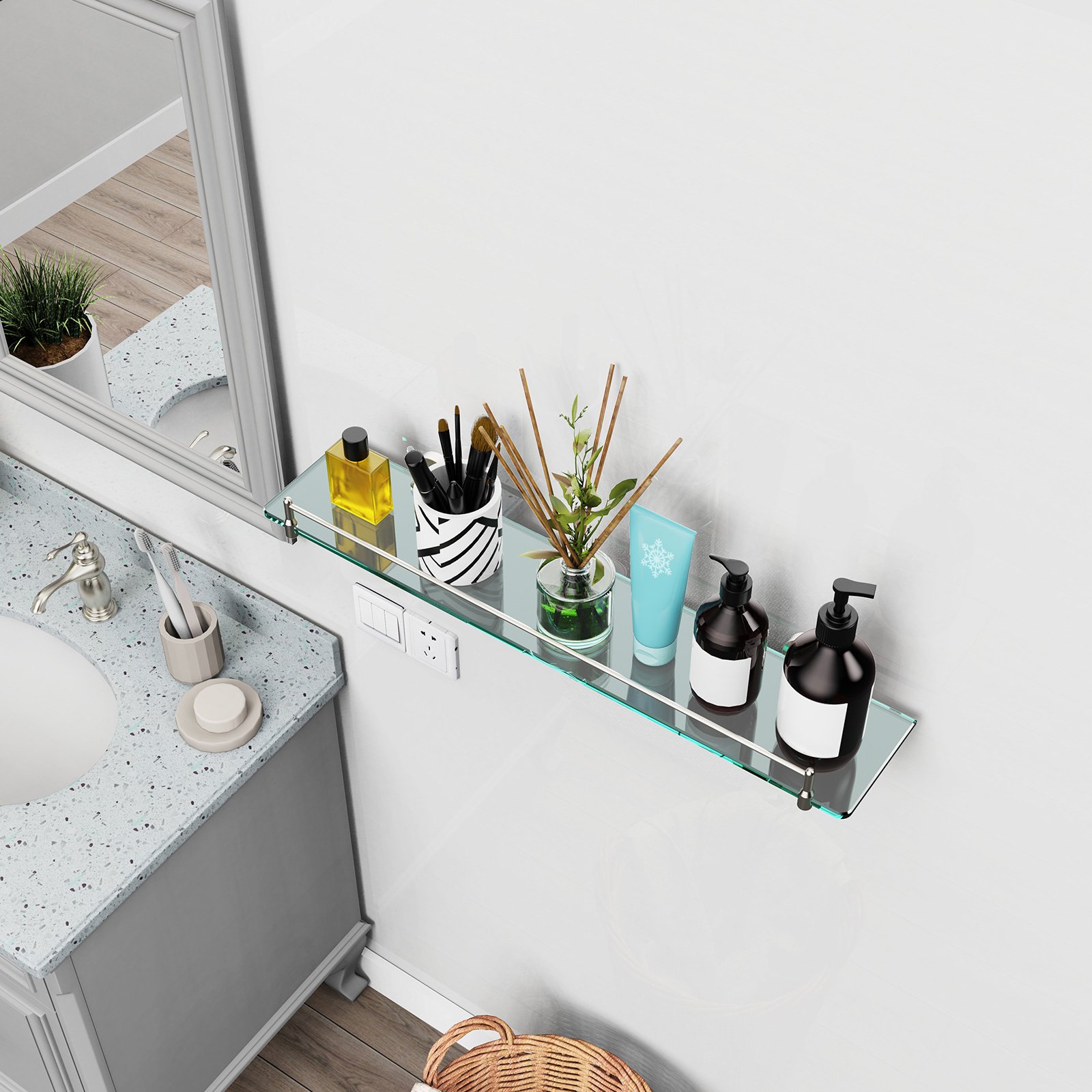 Bathroom Glass Shelf, Floating Stainless Steel Tempered Glass Wall Shelf, Rectangle, 24‑inch, Brushed Nickel, Modern, Wall Mounted, 2 Pack - 图片 2