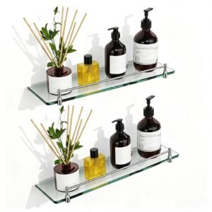 Bathroom Glass Shelf, Floating Tempered Glass Wall Shelf, Rectangle, 16‑inch with Railing, Chrome Polished, Modern, Wall Mounted, 2 Pack