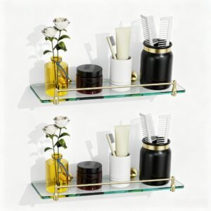 Bathroom Glass Shelf, Floating Stainless Steel Tempered Glass Wall Shelf, Rectangle, 16‑inch, Brushed Gold, Modern, Wall Mounted, 2 Pack