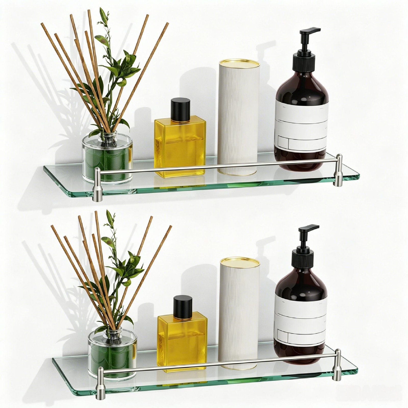 Bathroom Glass Shelf, Floating Tempered Glass Wall Shelf, Rectangle, 16‑inch with Railing, Brushed Nickel, Modern, Wall Mounted, 2 Pack