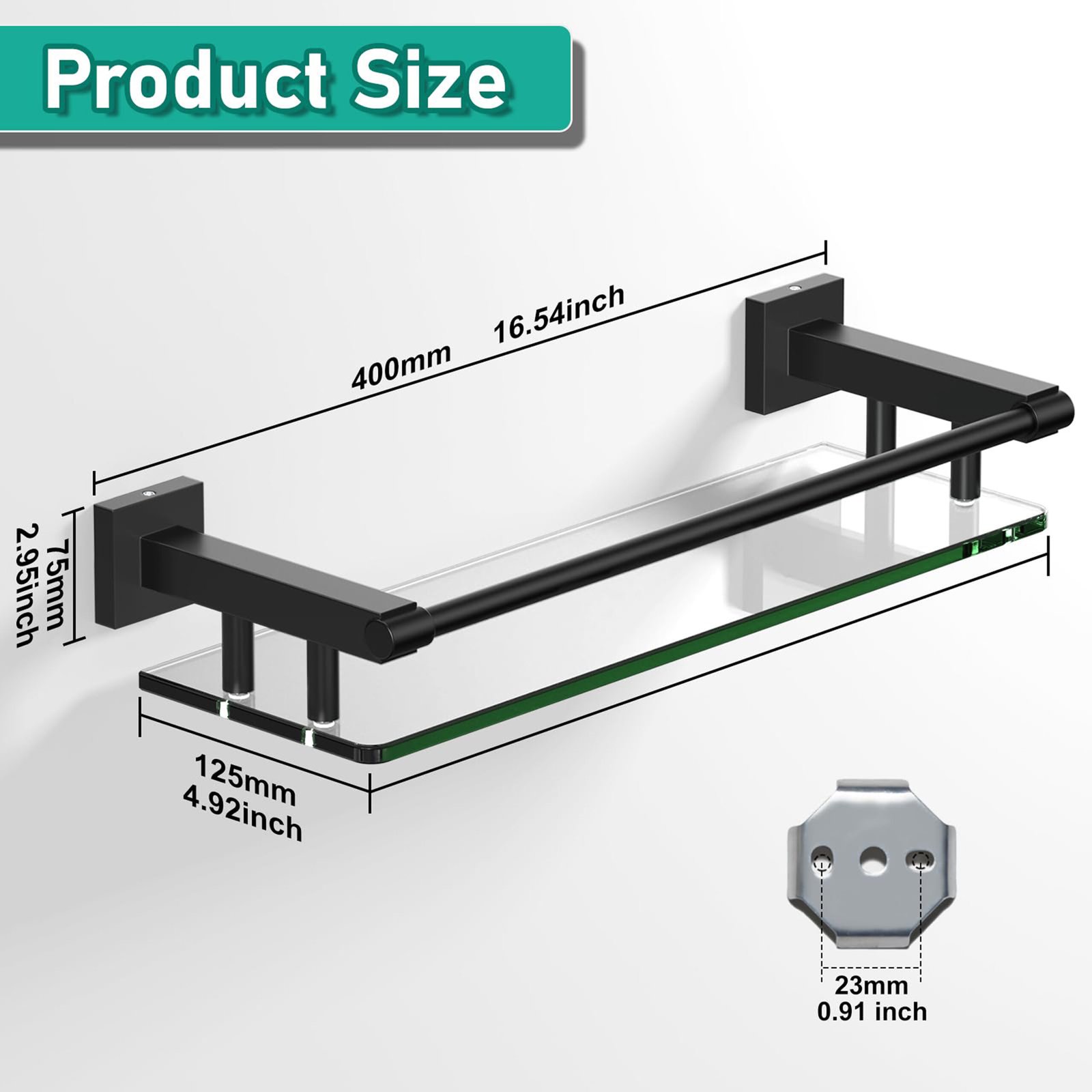Bathroom Glass Shelf, Floating Tempered Glass Wall Shelf, Rectangle, 16‑inch with Full‑coverage Railing, Black, Modern, Wall Mounted, 2 Pack - 图片 2