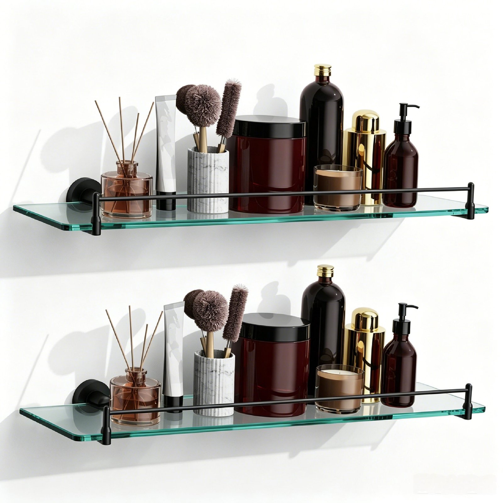 Bathroom Glass Shelf, Floating Stainless Steel Tempered Glass Wall Shelf, Rectangle, 24‑inch, Matte Black, Modern, Wall Mounted, 2 Pack
