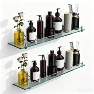 Bathroom Glass Shelf, Floating Stainless Steel Tempered Glass Wall Shelf, Rectangle, 24‑inch, Chrome Polished, Modern, Wall Mounted, 2 Pack