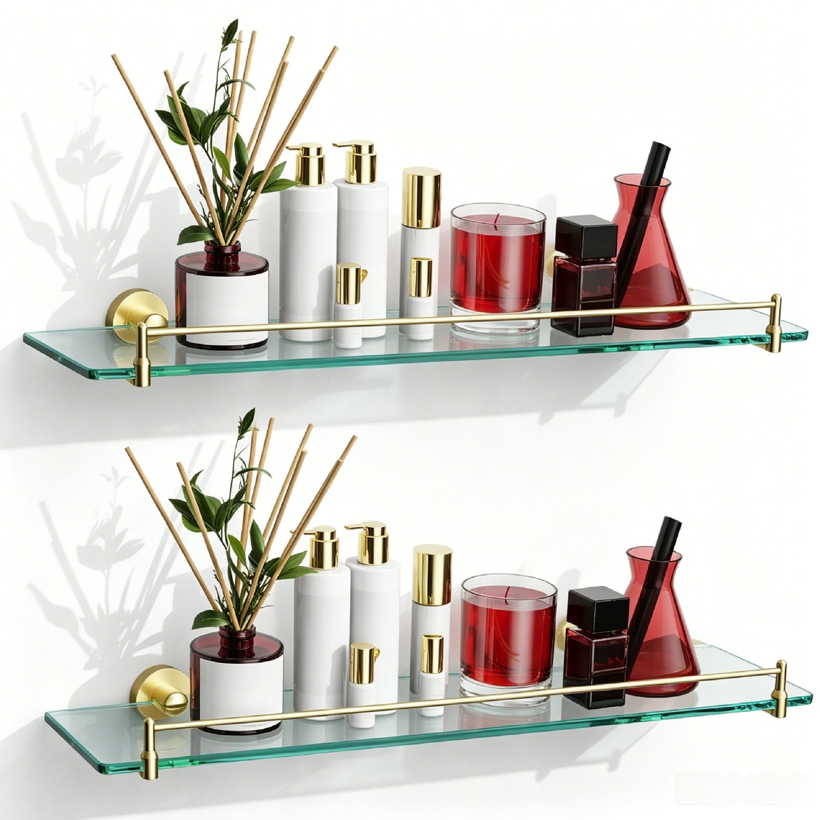 Bathroom Glass Shelf, Floating Stainless Steel Tempered Glass Wall Shelf, Rectangle, 24‑inch, Brushed Gold, Modern, Wall Mounted, 2 Pack