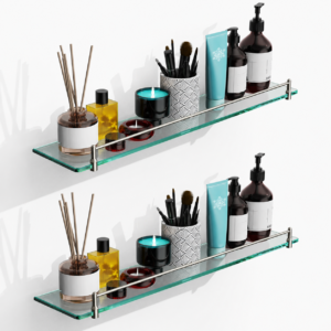 Bathroom Glass Shelf, Floating Stainless Steel Tempered Glass Wall Shelf, Rectangle, 24‑inch, Brushed Nickel, Modern, Wall Mounted, 2 Pack