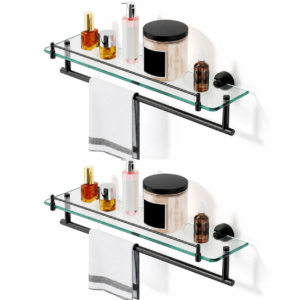 Bathroom Glass Shelf, Floating Tempered Glass Wall Shelf, Rectangle, 20‑inch with Railing, Modern, Wall Mounted, 2 Pack