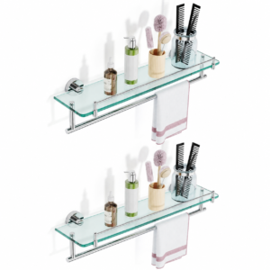 Bathroom Glass Shelf, Floating Tempered Glass Wall Shelf, Rectangle, 20‑inch with Railing, Modern, Wall Mounted, 2 Pack