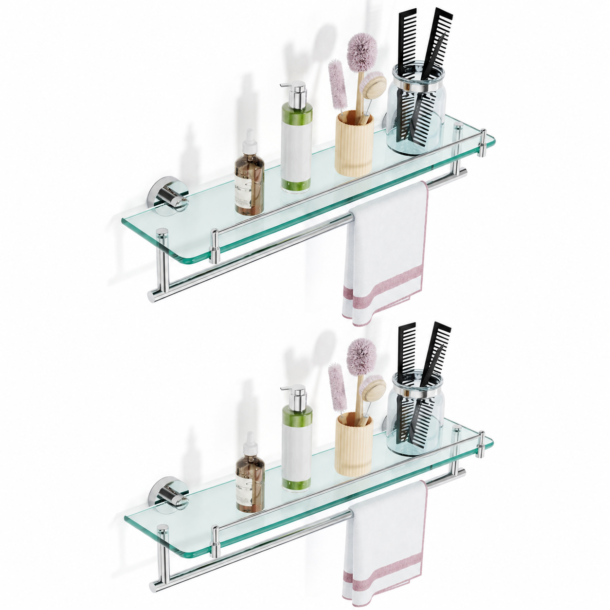 Bathroom Glass Shelf, Floating Tempered Glass Wall Shelf, Rectangle, 20‑inch with Railing, Modern, Wall Mounted, 2 Pack