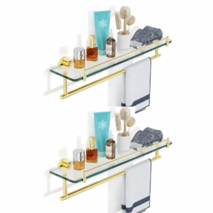 Bathroom Glass Shelf, Floating Tempered Glass Wall Shelf, Rectangle, 20‑inch with Railing, Modern, Wall Mounted, 2 Pack