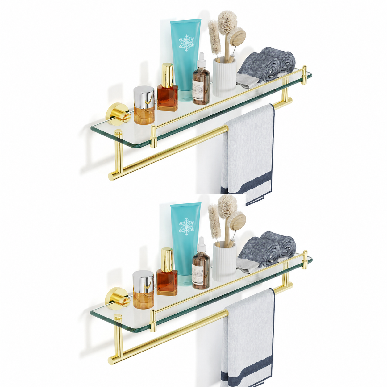 Bathroom Glass Shelf, Floating Tempered Glass Wall Shelf, Rectangle, 20‑inch with Railing, Modern, Wall Mounted, 2 Pack