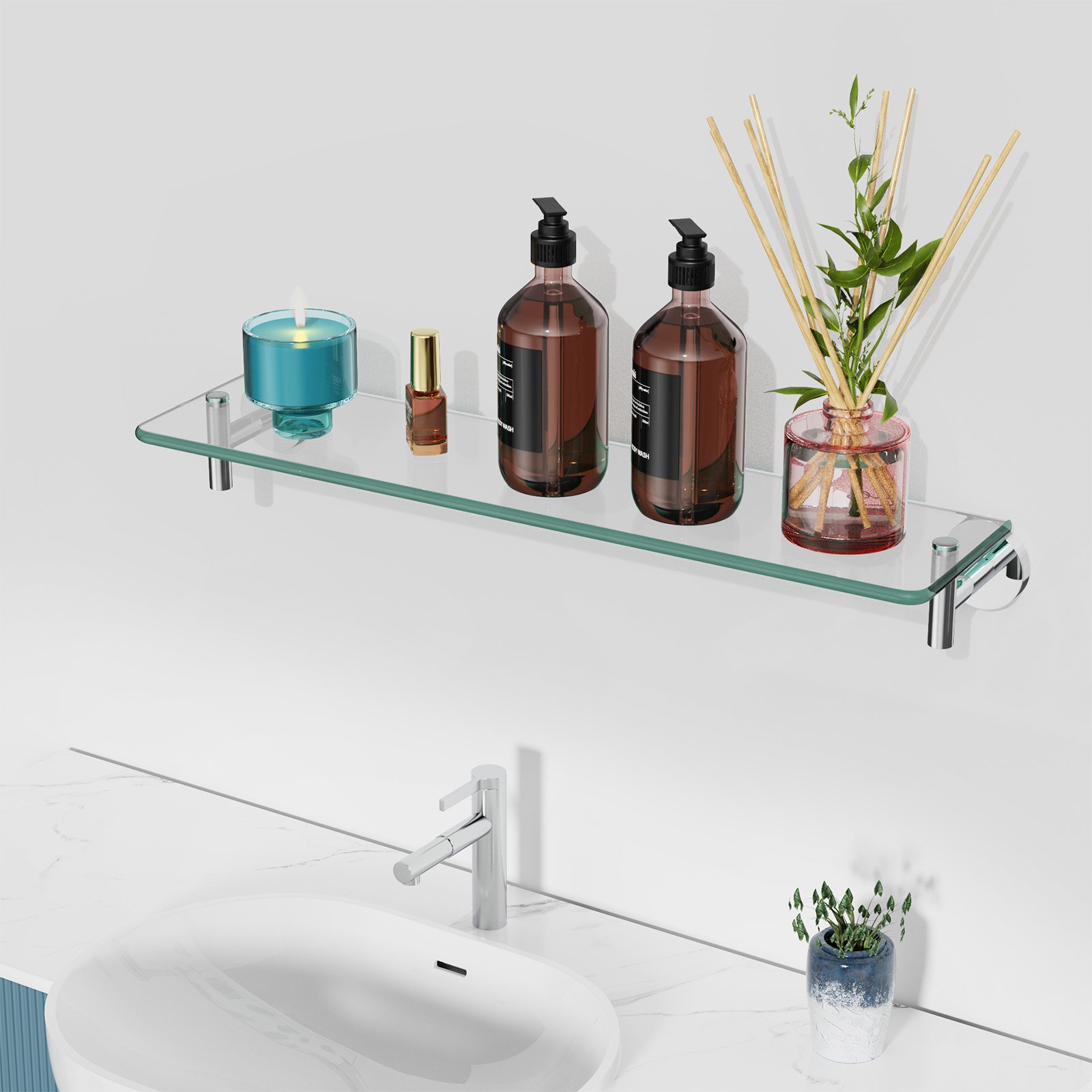 Bathroom Glass Shelf, Floating Stainless Steel Tempered Glass Wall Shelf, Rectangle, 20‑inch, Chrome Polished, Modern, Wall Mounted, 2 Pack - 图片 6