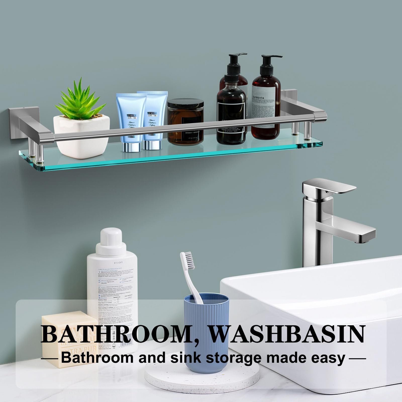 Bathroom Glass Shelf, Floating Tempered Glass Wall Shelf, Rectangle, 20‑inch with Full‑coverage Railing, Brushed Nickel, Modern, Wall Mounted, 2 Pack - 图片 6