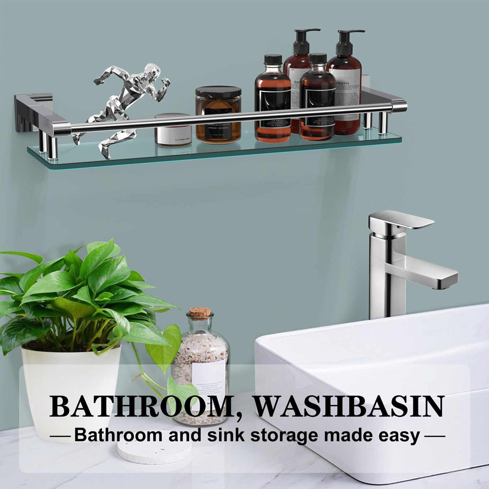 Bathroom Glass Shelf, Floating Tempered Glass Wall Shelf, Rectangle, 20‑inch with Full‑coverage Railing, Chrome Polished, Modern, Wall Mounted, 2 Pack - 图片 6