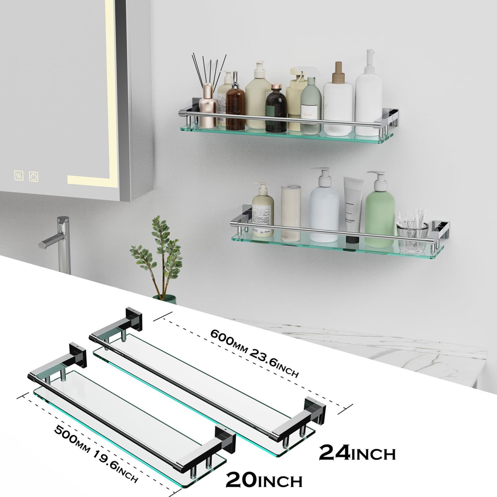 Bathroom Glass Shelf, Floating Tempered Glass Wall Shelf, Rectangle, 24‑inch with Full‑coverage Railing, Brushed Nickel, Modern, Wall Mounted, 2 Pack - 图片 5