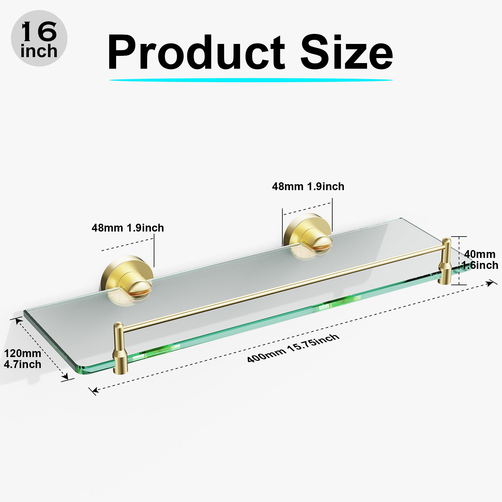 Bathroom Glass Shelf, Floating Stainless Steel Tempered Glass Wall Shelf, Rectangle, 16‑inch, Brushed Gold, Modern, Wall Mounted, 2 Pack - 图片 2