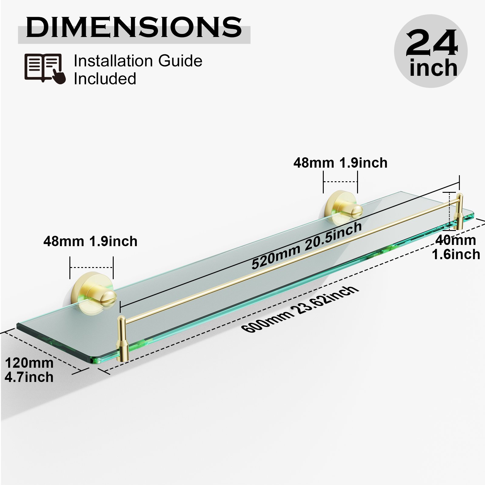 Bathroom Glass Shelf, Floating Stainless Steel Tempered Glass Wall Shelf, Rectangle, 24‑inch, Brushed Gold, Modern, Wall Mounted, 2 Pack - 图片 2