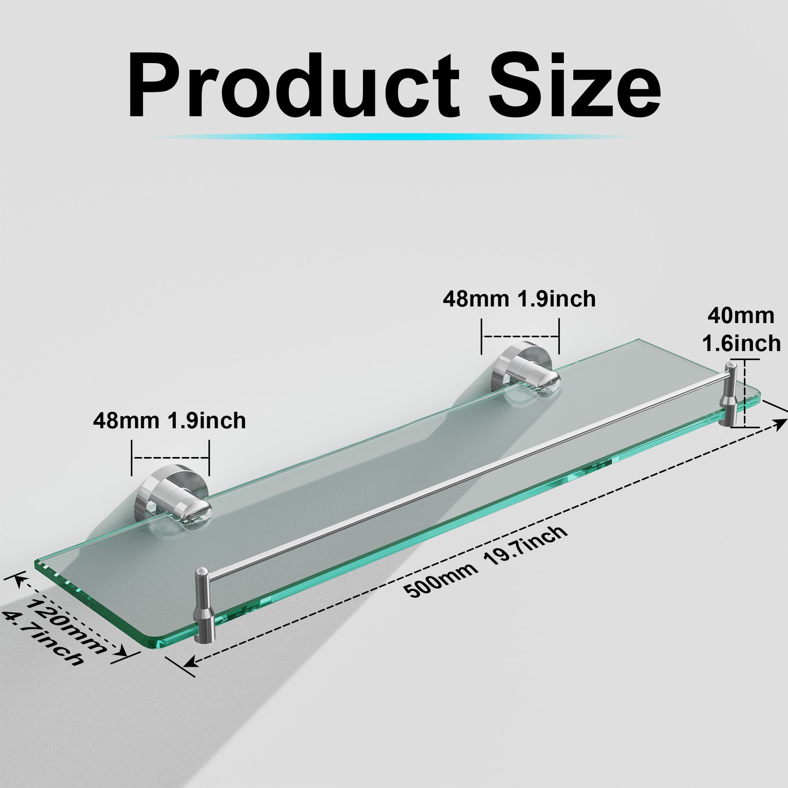Bathroom Glass Shelf, Floating Tempered Glass Wall Shelf, Rectangle, 20‑inch with Railing, Chrome Polished, Modern, Wall Mounted, 2 Pack - 图片 2