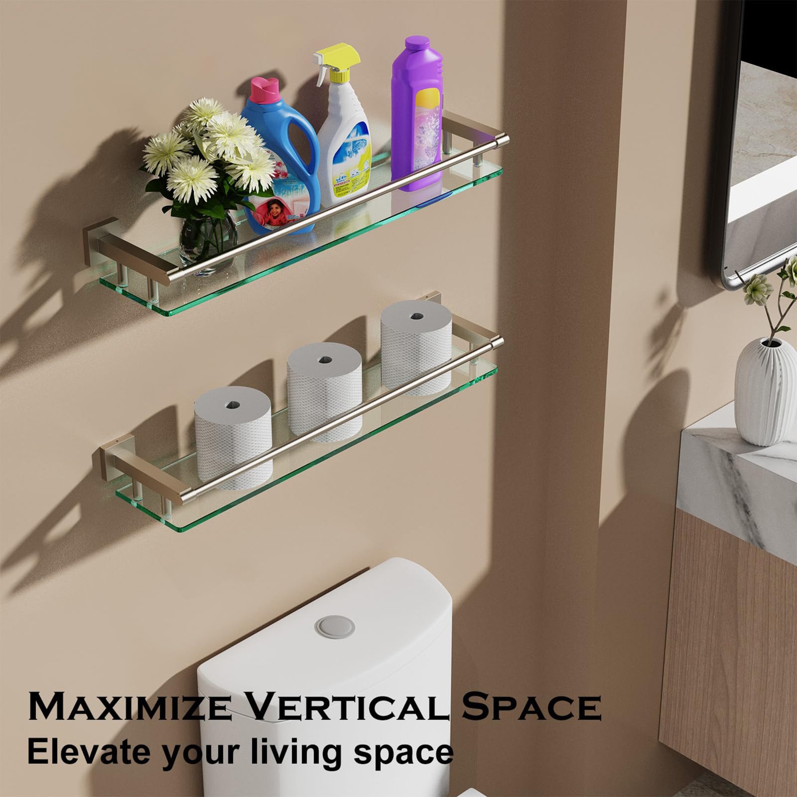 Bathroom Glass Shelf, Floating Tempered Glass Wall Shelf, Rectangle, 24‑inch with Full‑coverage Railing, Brushed Nickel, Modern, Wall Mounted, 2 Pack - 图片 5