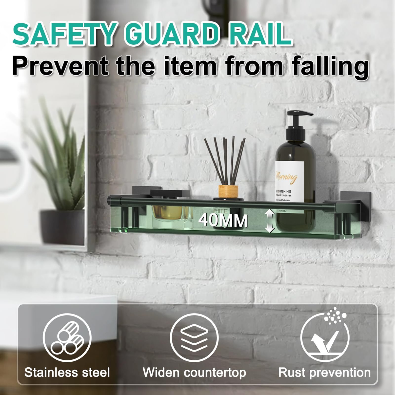 Bathroom Glass Shelf, Floating Tempered Glass Wall Shelf, Rectangle, 16‑inch with Full‑coverage Railing, Black, Modern, Wall Mounted, 2 Pack - 图片 6