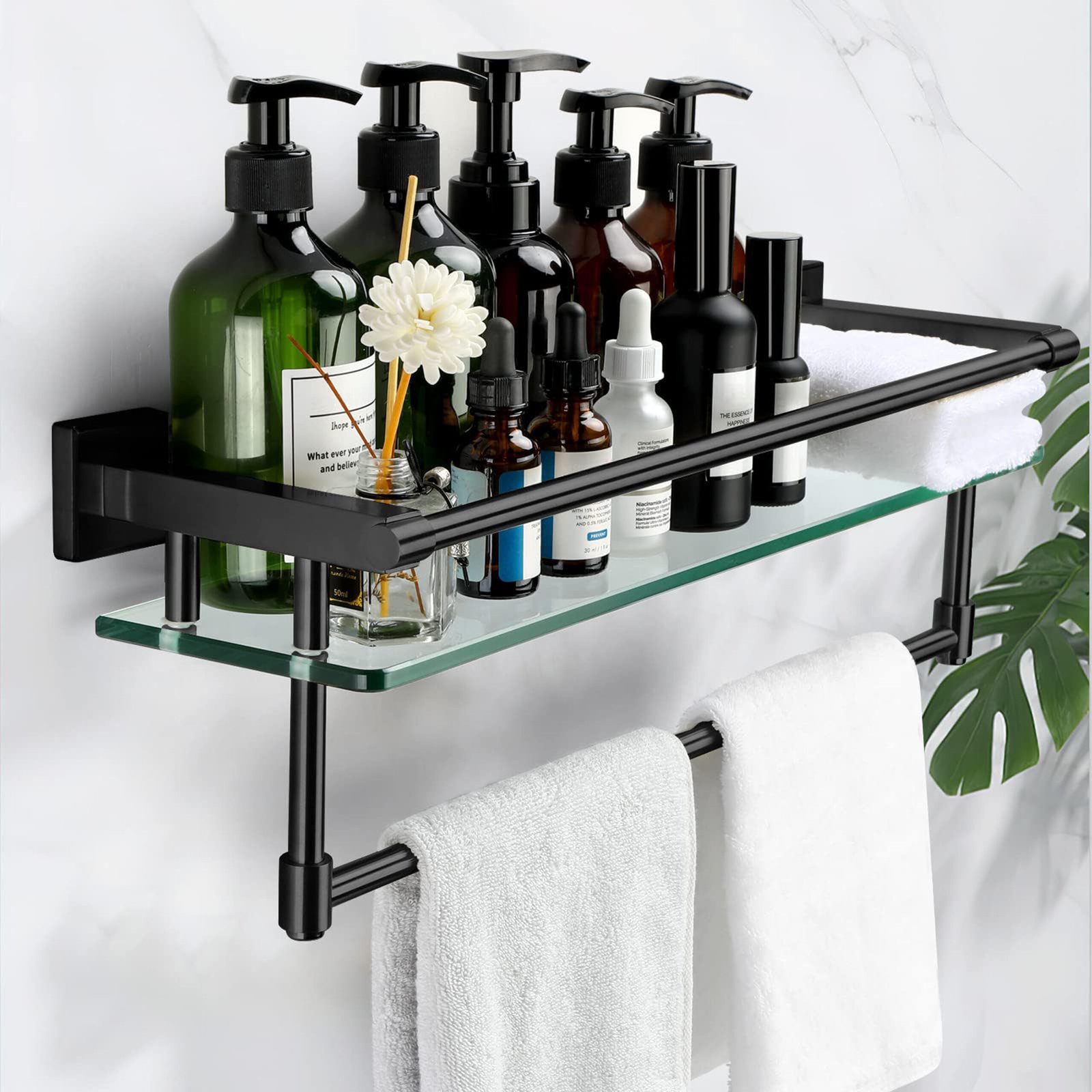 Bathroom Glass Shelf, Floating Tempered Glass Wall Shelf, Rectangle, 20‑inch with Full‑coverage Railing, Modern, Wall Mounted, 2 Pack - 图片 5