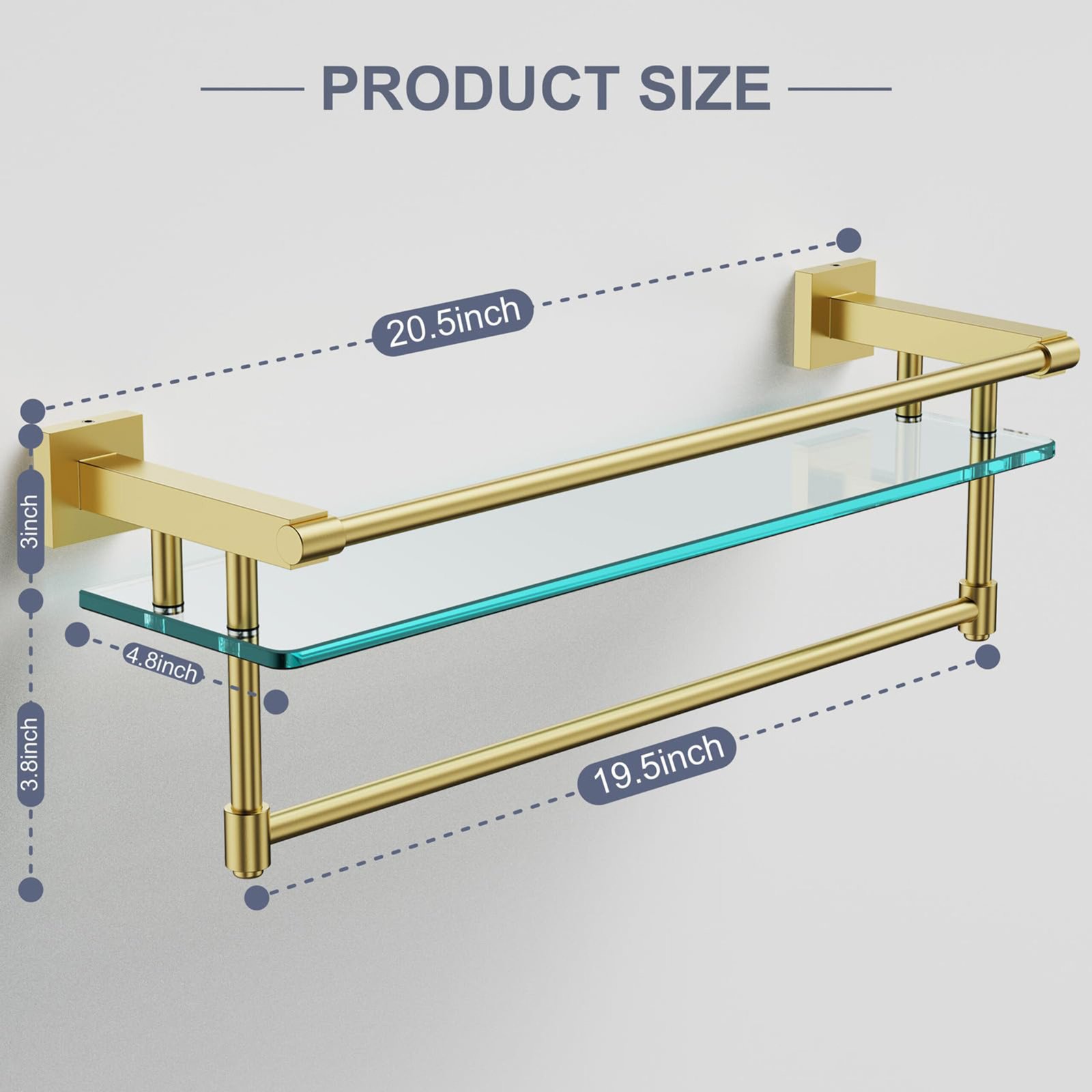 Bathroom Glass Shelf, Floating Tempered Glass Wall Shelf, Rectangle, 20‑inch with Full‑coverage Railing, Modern, Wall Mounted, 2 Pack - 图片 6