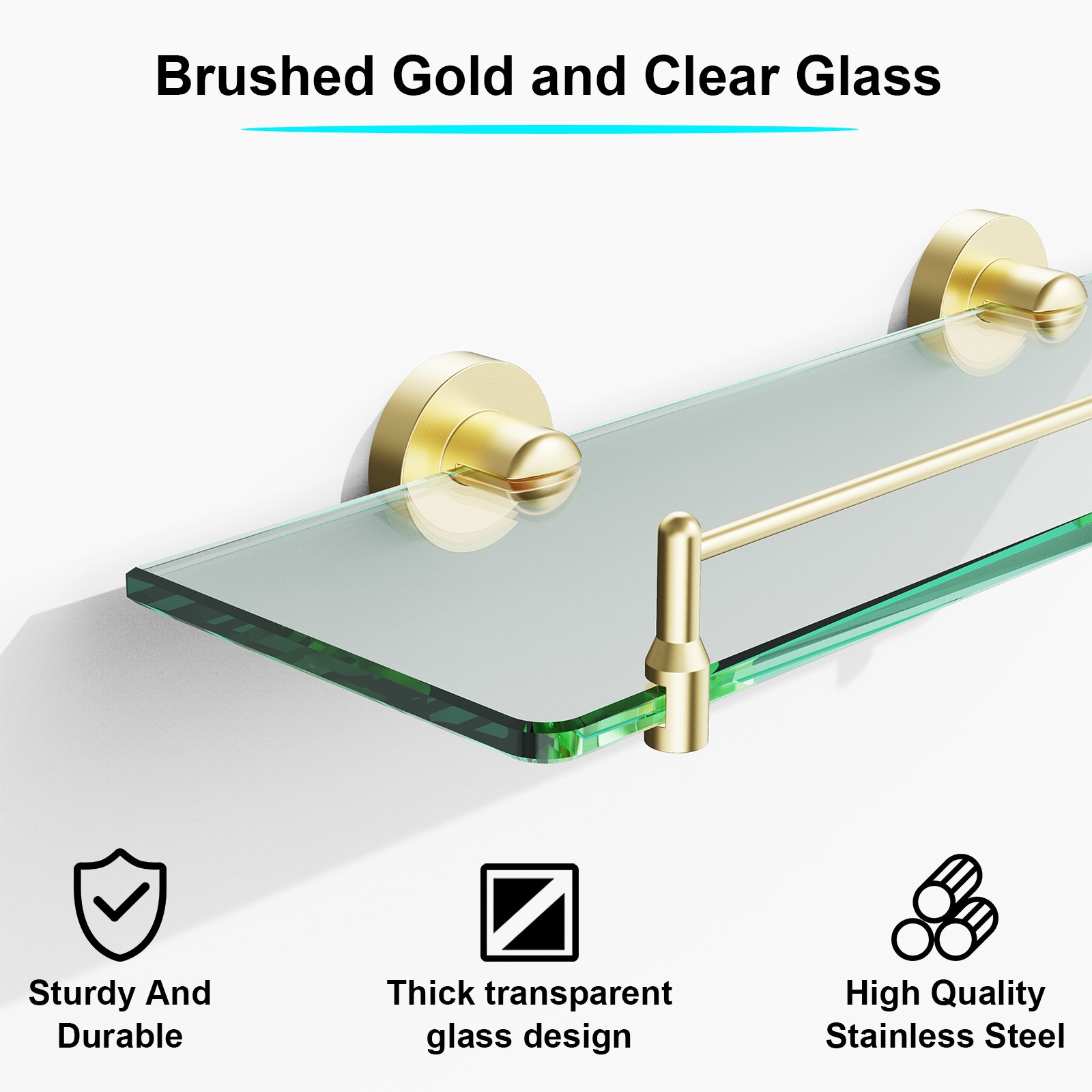 Bathroom Glass Shelf, Floating Stainless Steel Tempered Glass Wall Shelf, Rectangle, 16‑inch, Brushed Gold, Modern, Wall Mounted, 2 Pack - 图片 3