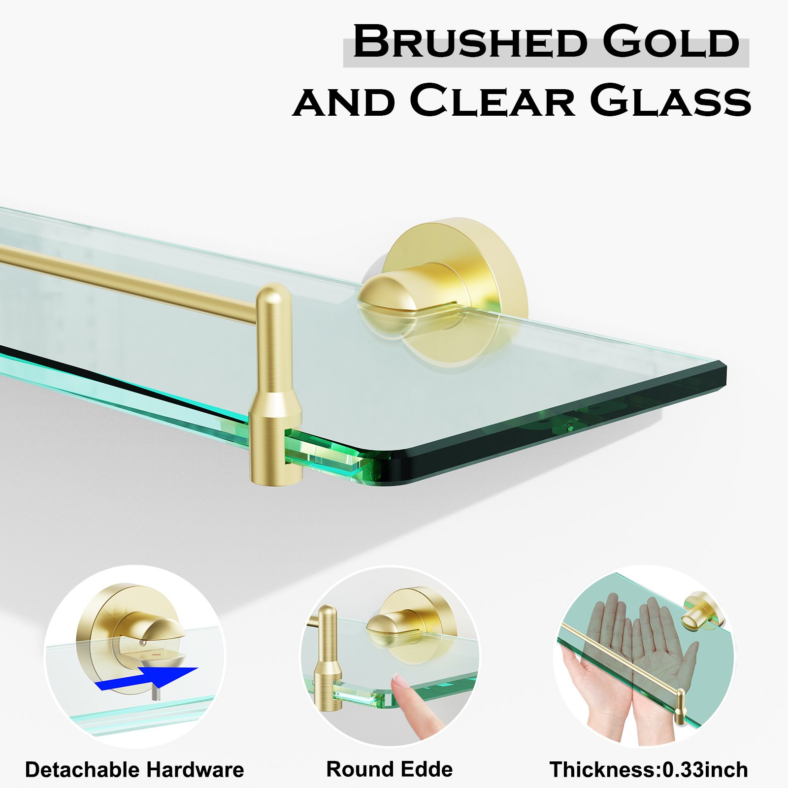 Bathroom Glass Shelf, Floating Stainless Steel Tempered Glass Wall Shelf, Rectangle, 24‑inch, Brushed Gold, Modern, Wall Mounted, 2 Pack - 图片 3