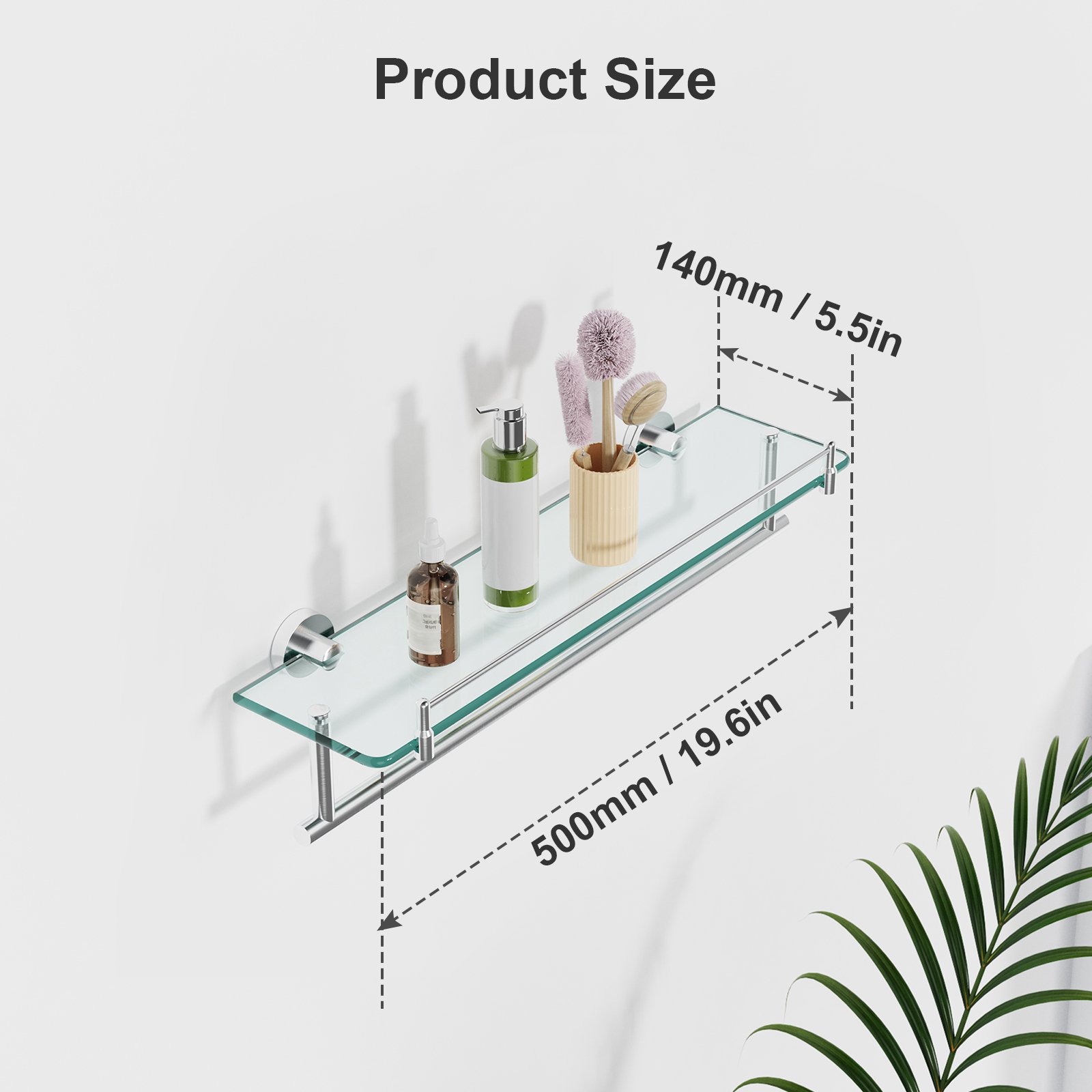 Bathroom Glass Shelf, Floating Tempered Glass Wall Shelf, Rectangle, 20‑inch with Railing, Modern, Wall Mounted, 2 Pack - 图片 2