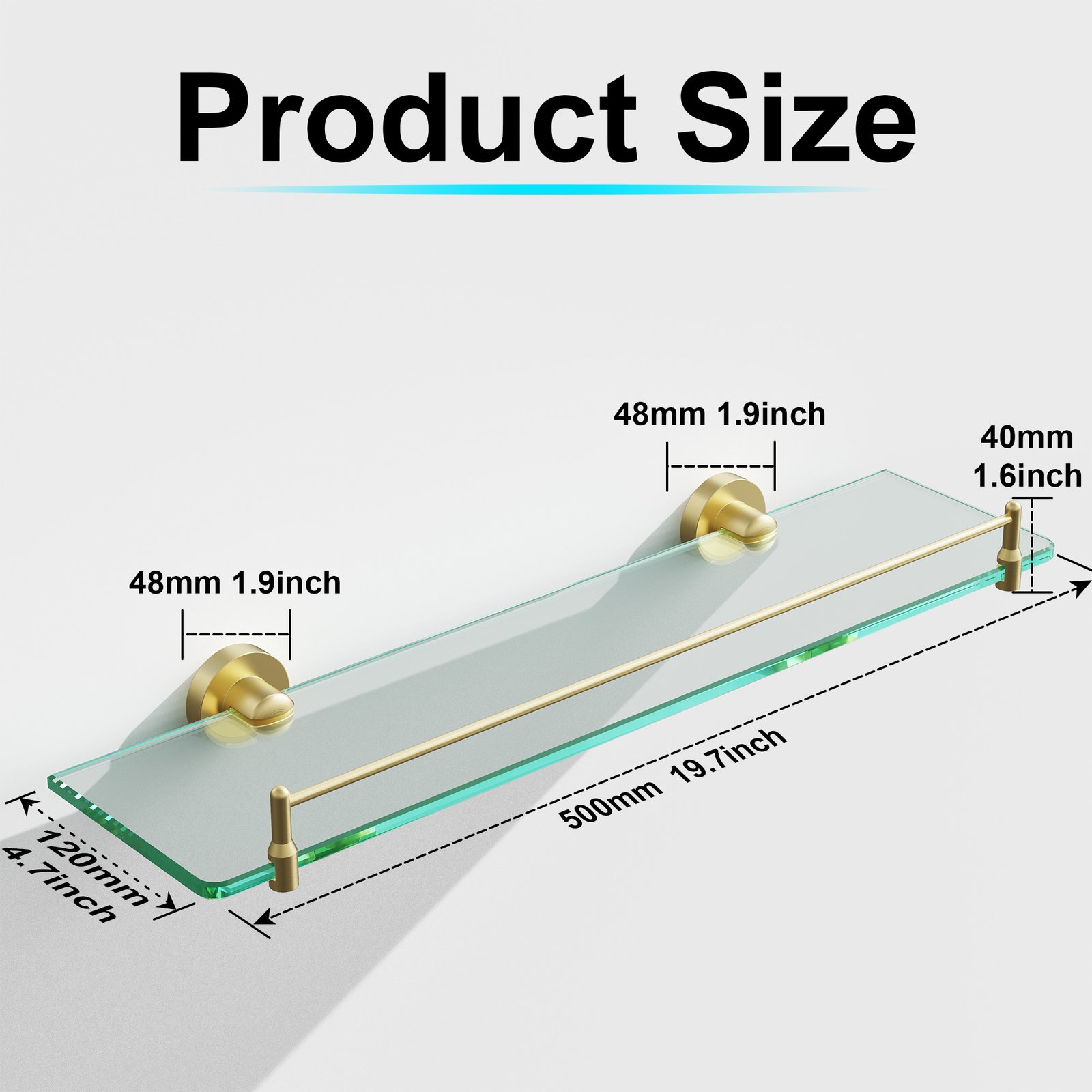 Bathroom Glass Shelf, Floating Stainless Steel Tempered Glass Wall Shelf, Rectangle, 20‑inch, Brushed Gold, Modern, Wall Mounted, 2 Pack - 图片 7