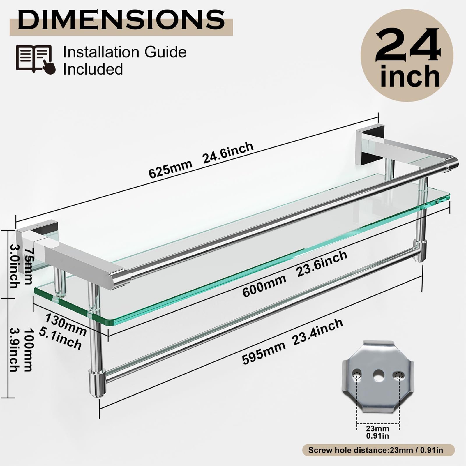 Bathroom Glass Shelf, Floating Tempered Glass Wall Shelf, Rectangle, 24‑inch with Full‑coverage Railing, Chrome Polished, Modern, Wall Mounted, 2 Pack - 图片 7