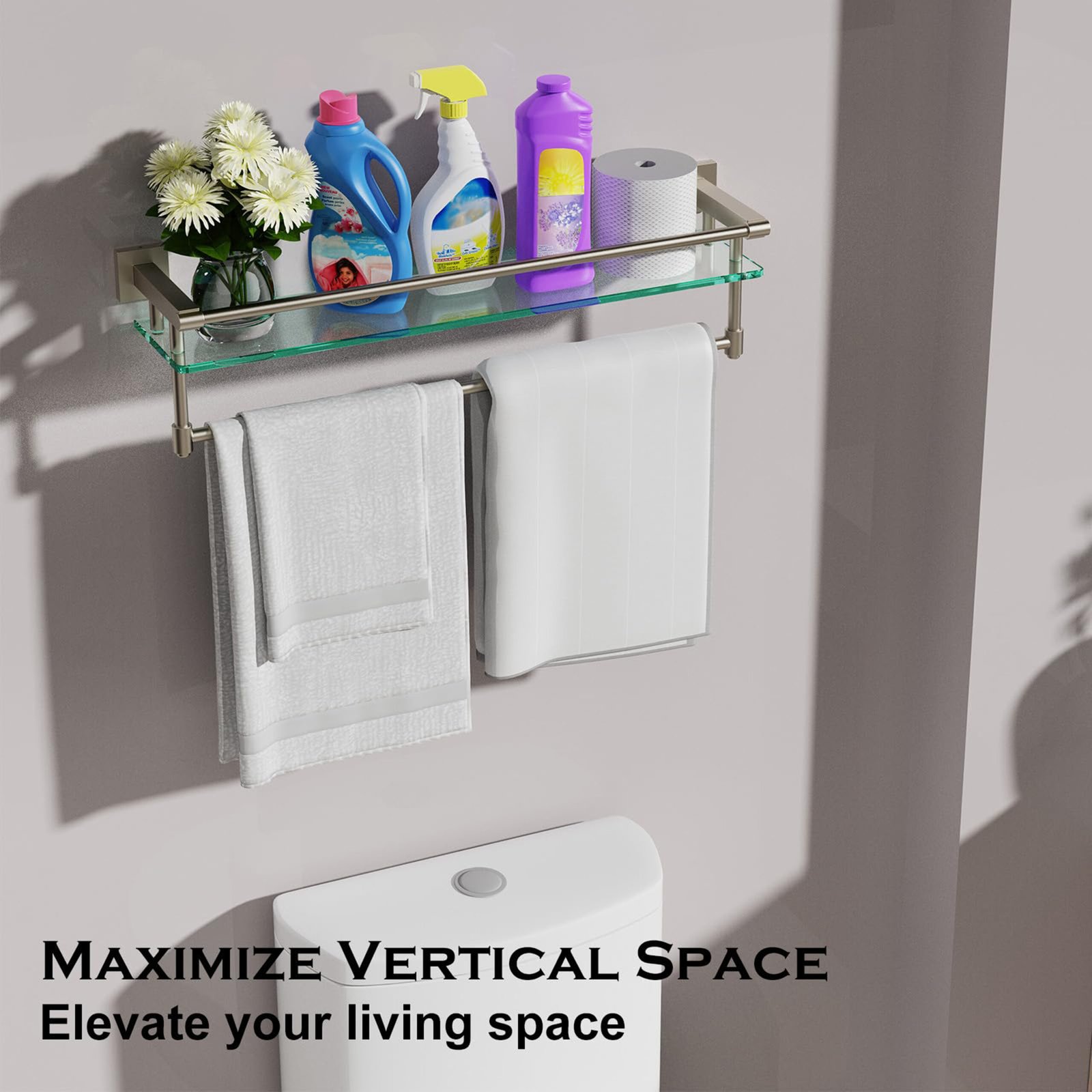Bathroom Glass Shelf, Floating Tempered Glass Wall Shelf, Rectangle, 24‑inch with Full‑coverage Railing, Modern, Wall Mounted, 2 Pack - 图片 7
