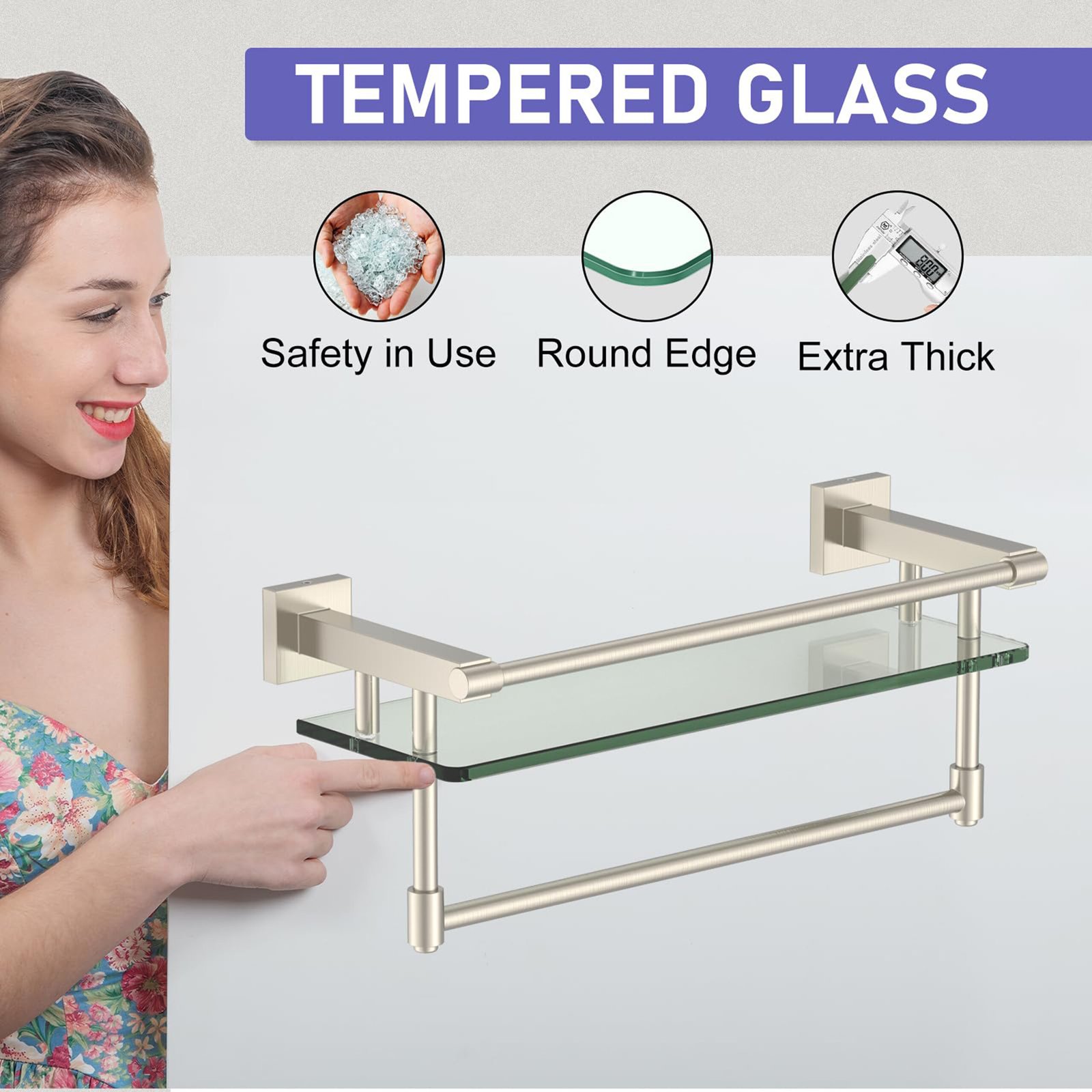 Bathroom Glass Shelf, Floating Tempered Glass Wall Shelf, Rectangle, 16‑inch with Full‑coverage Railing, Brushed Nickel, Modern, Wall Mounted, 2 Pack - 图片 7
