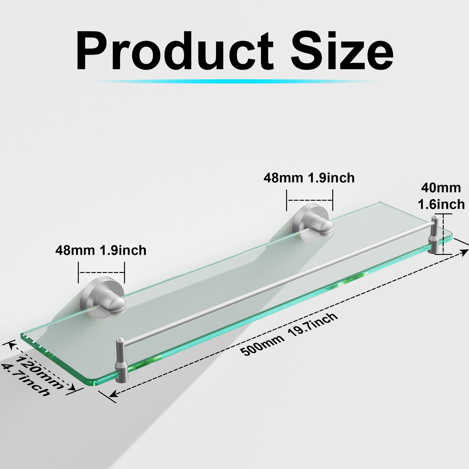 Bathroom Glass Shelf, Floating Stainless Steel Tempered Glass Wall Shelf, Rectangle, 20‑inch, Brushed Nickel, Modern, Wall Mounted, 2 Pack - 图片 7