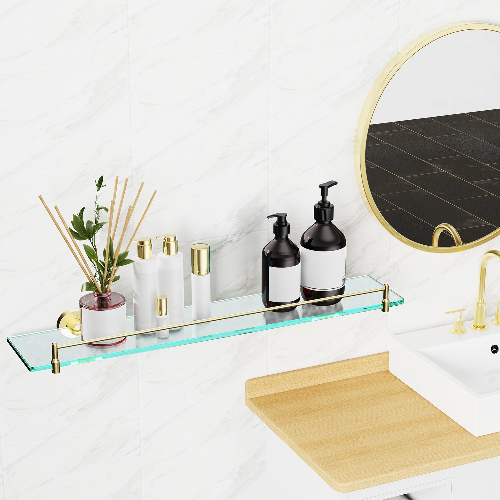 Bathroom Glass Shelf, Floating Stainless Steel Tempered Glass Wall Shelf, Rectangle, 24‑inch, Brushed Gold, Modern, Wall Mounted, 2 Pack - 图片 5