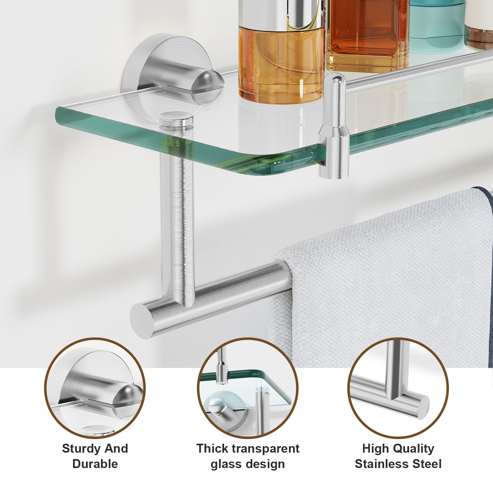 Bathroom Glass Shelf, Floating Tempered Glass Wall Shelf, Rectangle, 20‑inch with Railing, Modern, Wall Mounted, 2 Pack - 图片 3